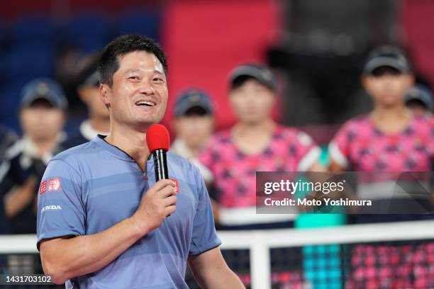 Shingo Kunieda of Japan talks during Wheelchair Singles Medal Ceremony on day Six of the Rakuten Japan Open at Ariake Coliseum on October 8, 2022 in...