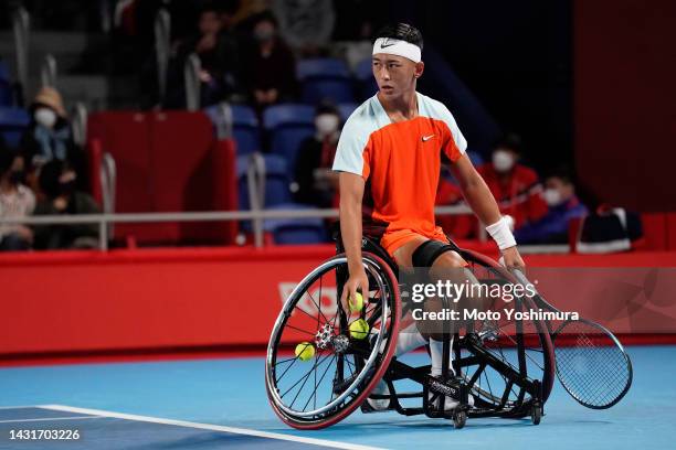 Tokito Oda of Japan competes against Shingo Kunieda of Japan during Wheelchair Singles Final on day Six of the Rakuten Japan Open at Ariake Coliseum...