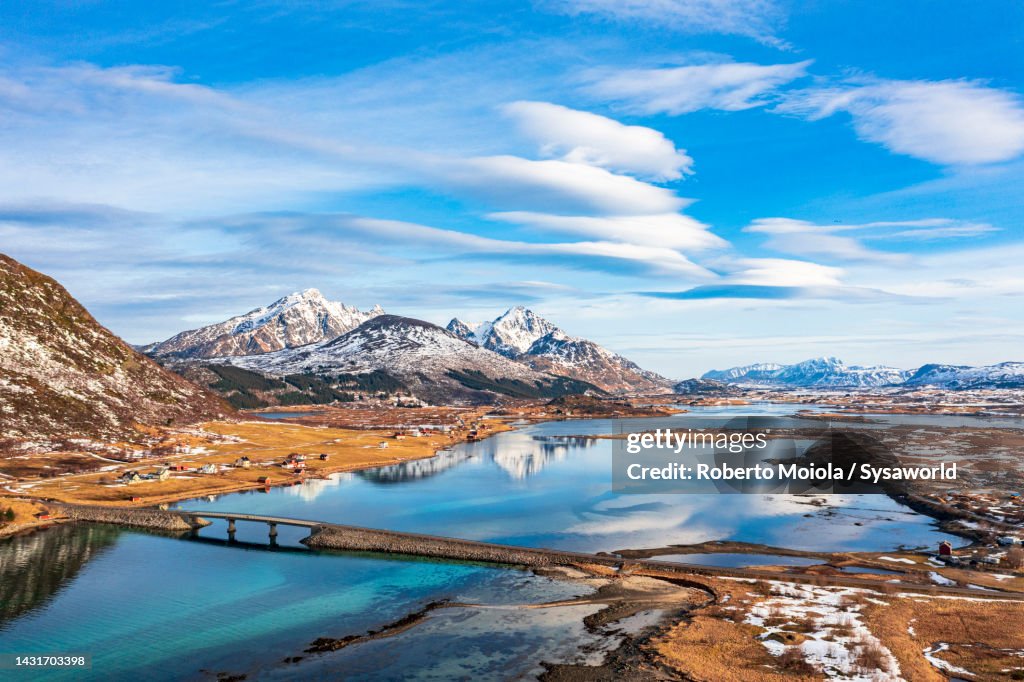 Aerial view of empty bridge crossing a fjord
