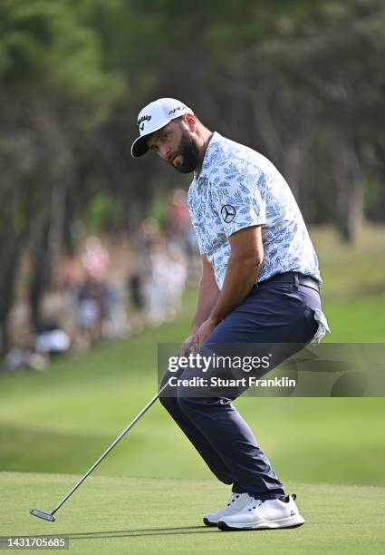 Jon Rahm of Spain reacts to his missed eagle putt on the 18th hole during Day Three of the acciona Open de Espana presented by Madrid at Club de...