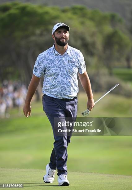 Jon Rahm of Spain reacts to his missed eagle putt on the 18th hole during Day Three of the acciona Open de Espana presented by Madrid at Club de...