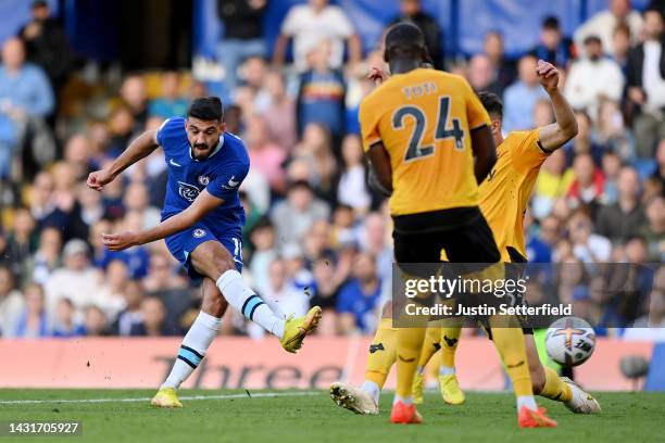 Armando Broja of Chelsea scores their team's third goal during the Premier League match between Chelsea FC and Wolverhampton Wanderers at Stamford...