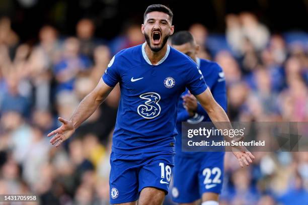 Armando Broja of Chelsea celebrates after scoring their team's third goal during the Premier League match between Chelsea FC and Wolverhampton...