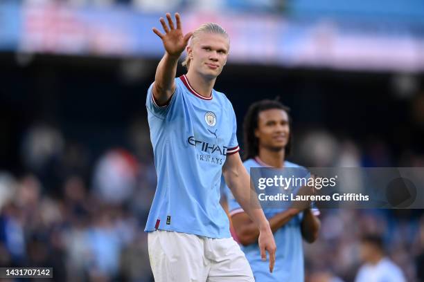 Erling Haaland of Manchester City acknowledges the fans after their sides victory during the Premier League match between Manchester City and...
