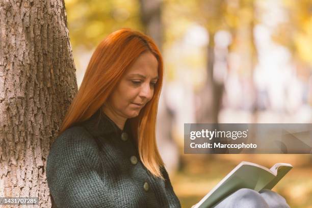 reading book in autumn - oranje haar stockfoto's en -beelden