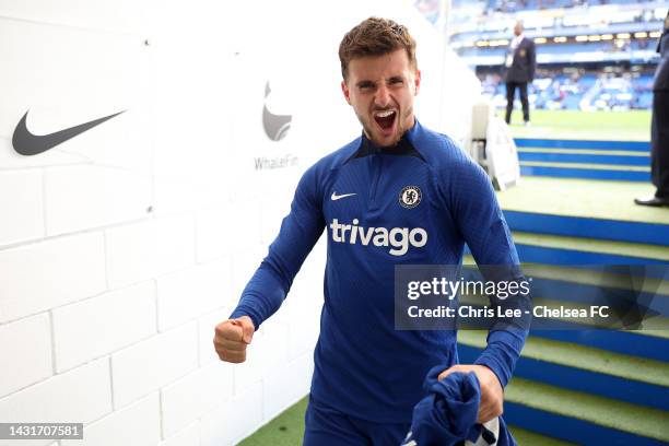 Mason Mount of Chelsea celebrates their side's victory in the tunnel after the Premier League match between Chelsea FC and Wolverhampton Wanderers at...