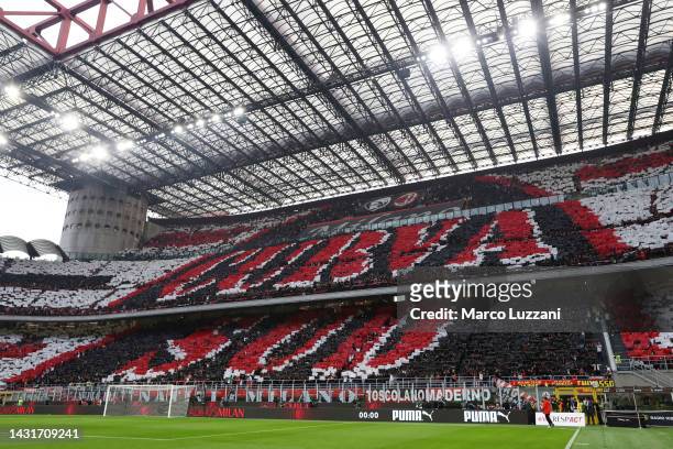 General view as fans of AC Milan create a TIFO on the inside of the stadium prior to kick off of the Serie A match between AC Milan and Juventus at...