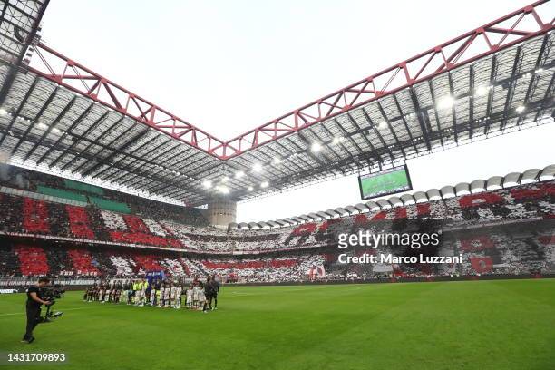 General view of the inside of the stadium as the players of AC Milan and Juventus line up prior to kick off of the Serie A match between AC Milan and...