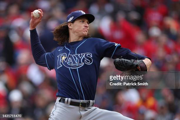 Tyler Glasnow of the Tampa Bay Rays throws a pitch in the first inning against the Cleveland Guardians in game two of the Wild Card Series at...