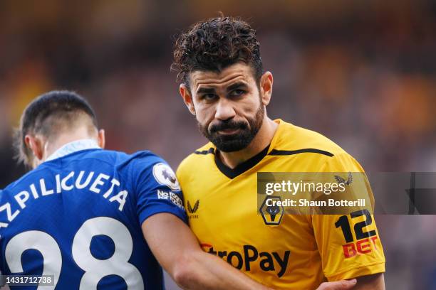 Diego Costa of Wolverhampton Wanderers leaves the pitch after being substituted off during the Premier League match between Chelsea FC and...