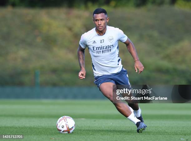 Marquinhos of Arsenal during a training session at London Colney on October 08, 2022 in St Albans, England.