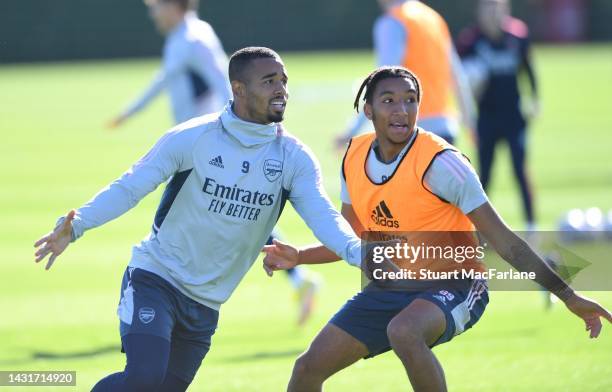 Gabriel Jesus and Bradley Ibrahim of Arsenal during a training session at London Colney on October 08, 2022 in St Albans, England.