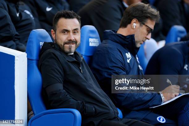 Roberto De Zerbi, Manager of Brighton & Hove Albion looks on prior to the Premier League match between Brighton & Hove Albion and Tottenham Hotspur...