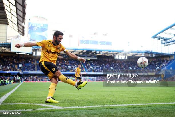 Joao Moutinho of Wolverhampton Wanderers takes a corner kick during the Premier League match between Chelsea FC and Wolverhampton Wanderers at...