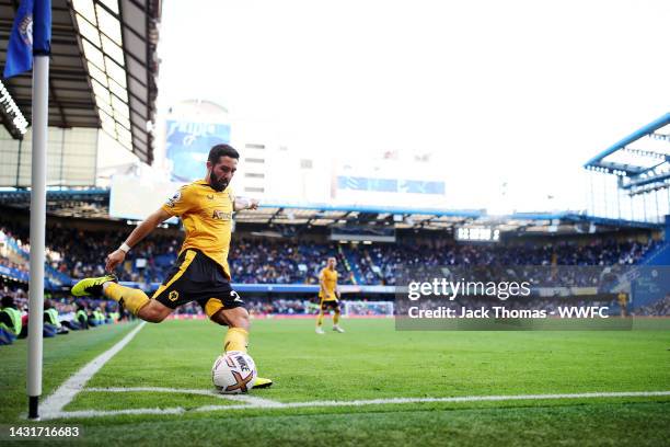 Joao Moutinho of Wolverhampton Wanderers takes a corner kick during the Premier League match between Chelsea FC and Wolverhampton Wanderers at...