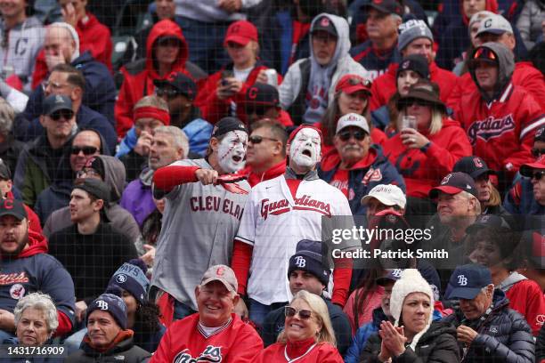 Fans of the Cleveland Guardians look on in game two of the Wild Card Series against the Tampa Bay Rays at Progressive Field on October 08, 2022 in...