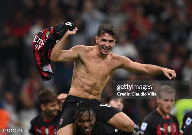 Brahim Diaz of AC Milan celebrates after scoring the second goal during the Serie A match between AC Milan and Juventus at Stadio Giuseppe Meazza on...