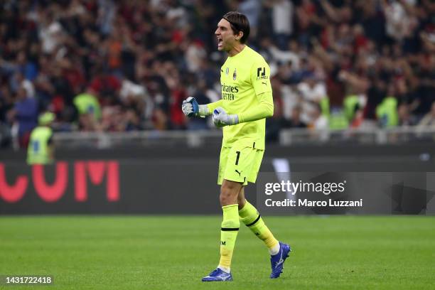 Ciprian Tatarusanu of AC Milan celebrates after Brahim Diaz scores their side's second goal during the Serie A match between AC Milan and Juventus at...