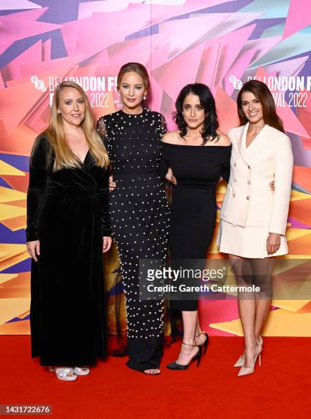 Elizabeth Sanders, Jennifer Lawrence, Lila Neugebauer and Justine Ciarrocchi attend the "Causeway" European premiere during the 66th BFI London Film...
