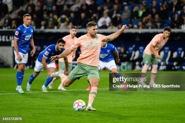 Niclas Fuellkrug of Bremen scores his team's second goal via penalty during the Bundesliga match between TSG Hoffenheim and SV Werder Bremen at...