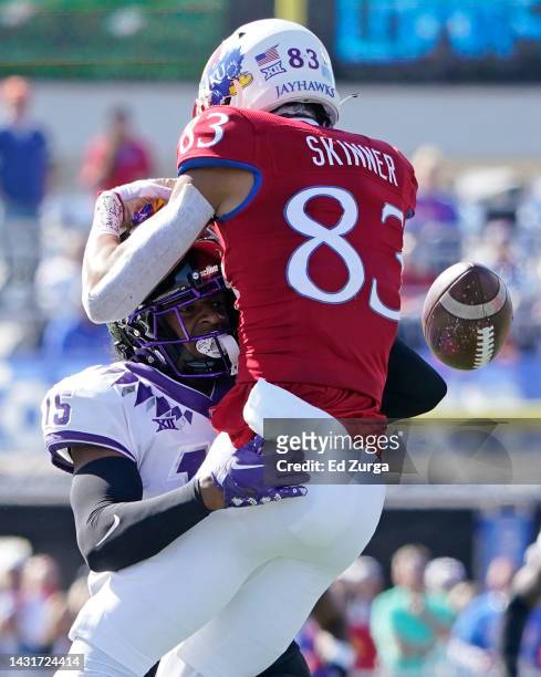 Safety Josh Foster of the TCU Horned Frogs breaks up a pass intended for wide receiver Quentin Skinner of the Kansas Jayhawks in the first half at...