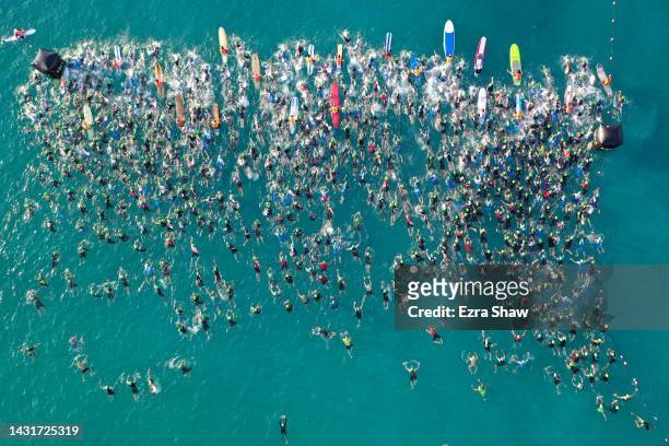 An aerial view of the start of the swim portion of the IRONMAN World Championships on October 08, 2022 in Kailua Kona, Hawaii.