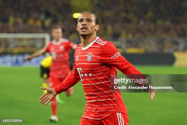 Leroy Sane of Bayern Munich celebrates after scoring their team's second goal during the Bundesliga match between Borussia Dortmund and FC Bayern...