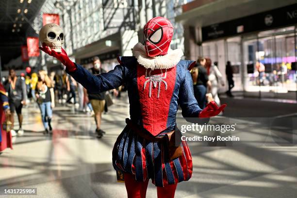 Spider-Man cosplayer poses during New York Comic Con 2022 on October 08, 2022 in New York City.