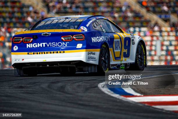 Chase Elliott, driver of the NAPA Auto Parts Chevrolet, drives during practice for NASCAR Cup Series Bank of America Roval 400 at Charlotte Motor...