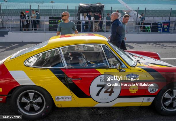 Car enters pit area during trial runs before the start of a classic endurance race on the 2nd day of Estoril Classics in Fernanda Pires da Silva...