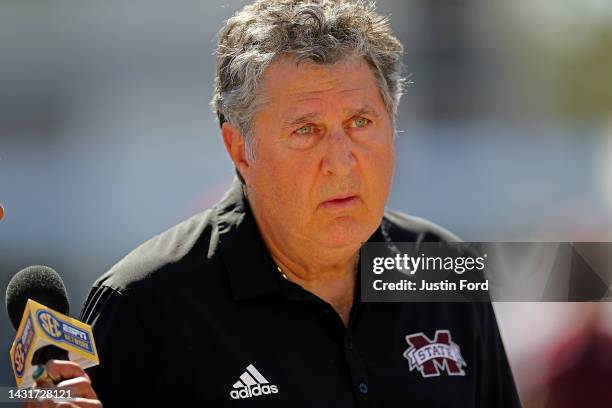 Head coach Mike Leach of the Mississippi State Bulldogs looks on during the game against the Arkansas Razorbacks at Davis Wade Stadium on October 08,...