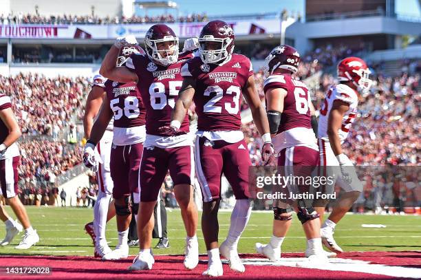 Dillon Johnson of the Mississippi State Bulldogs reacts after scoring a touchdown during the first half against the Arkansas Razorbacks at Davis Wade...