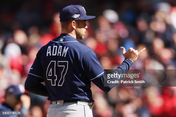 Jason Adam of the Tampa Bay Rays reacts in the sixth inning against the Cleveland Guardians in game two of the Wild Card Series at Progressive Field...