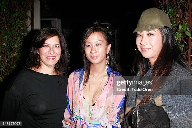 Jennifer Patroll, Jen Kao and Geraldine Chung pose at the Lyst And Satine Boutique Dinner Jen Kao at Petit Ermitage Hotel on April 18, 2012 in West...