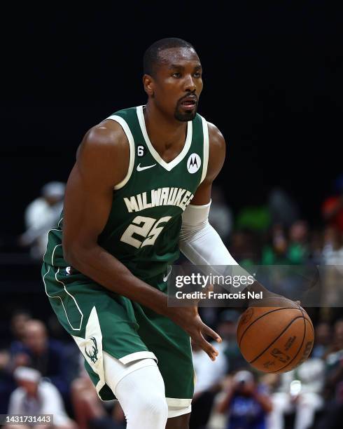 Sege Ibaka#25 of Milwaukee Bucks handles the ball during the second preseason NBA game between Atlanta Hawks and Milwaukee Bucks at Etihad Arena on...