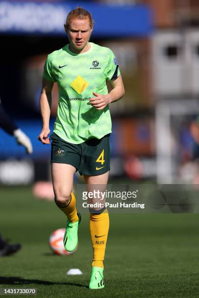 Clare Polkinghorne of Australia warms up prior to the International Friendly match between CommBank Matildas and South Africa Women at Kingsmeadow on...