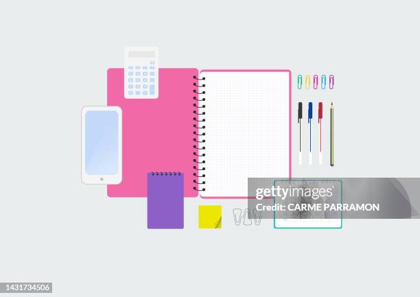 smartphone, calculator, diary, calendar, cello, clips, post-its, colored markers, folder, notebook and sheets - spiral notebook stock illustrations