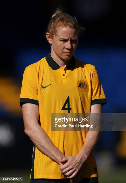 Clare Polkinghorne of Australia looks on during the International Friendly match between CommBank Matildas and South Africa Women at Kingsmeadow on...