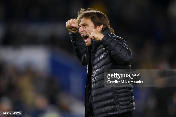 Antonio Conte, Manager of Tottenham Hotspur celebrates after their sides victory during the Premier League match between Brighton & Hove Albion and...