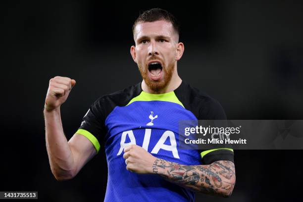Pierre-Emile Hojbjerg of Tottenham Hotspur celebrates after their sides victory during the Premier League match between Brighton & Hove Albion and...