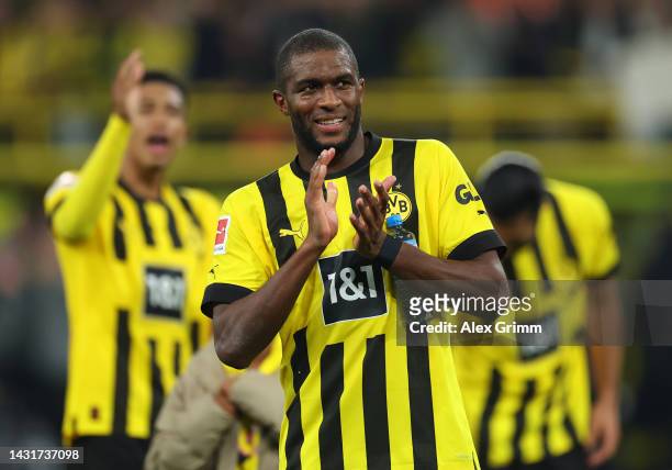 Anthony Modeste of Borussia Dortmund applauds the fans after their sides draw during the Bundesliga match between Borussia Dortmund and FC Bayern...