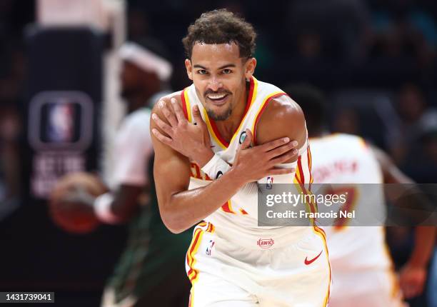 Trae Young#11 of Atlanta Hawks reacts during the second preseason NBA game between Atlanta Hawks and Milwaukee Bucks at Etihad Arena on October 08,...