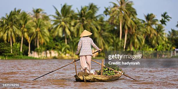 vietnamese woman rowing  boat in the mekong river delta, vietnam - river mekong stockfoto's en -beelden