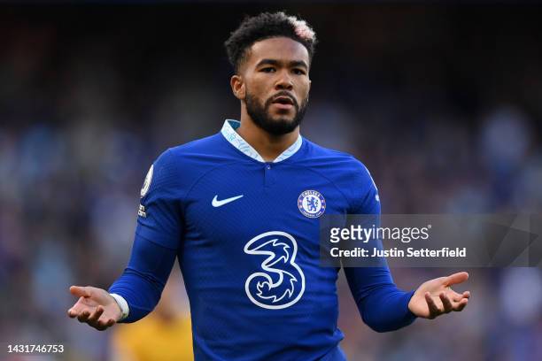 Reece James of Chelsea reacts during the Premier League match between Chelsea FC and Wolverhampton Wanderers at Stamford Bridge on October 08, 2022...
