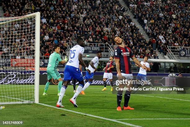 Marko Arnautovic of Bologna FC reacts during the Serie A match between Bologna FC and UC Sampdoria at Stadio Renato Dall'Ara on October 08, 2022 in...