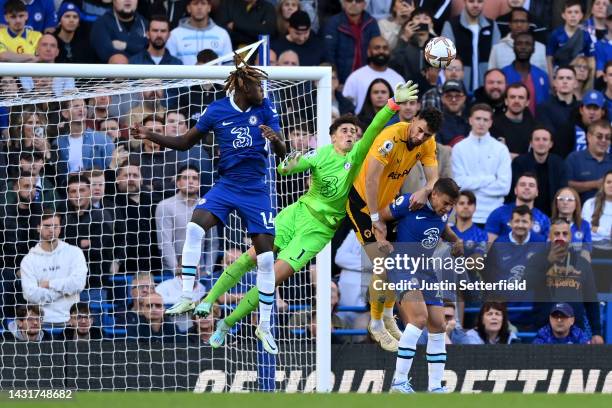 Kepa Arrizabalaga of Chelsea makes a save during the Premier League match between Chelsea FC and Wolverhampton Wanderers at Stamford Bridge on...