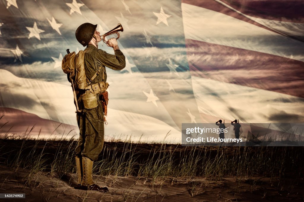 WWII Soldier Playing Taps With Flag Horizon