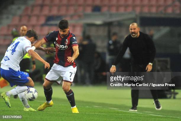 Riccardo Orsolini of Bologna FC competes the ball with Bartosz Bereszynski of UC Sampdoria ( L 9 during the Serie A match between Bologna FC and UC...