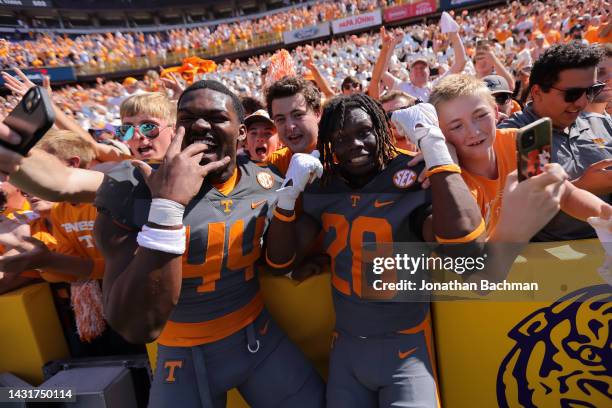 The Tennessee Volunteers celebrate after a game against the LSU Tigers at Tiger Stadium on October 08, 2022 in Baton Rouge, Louisiana.