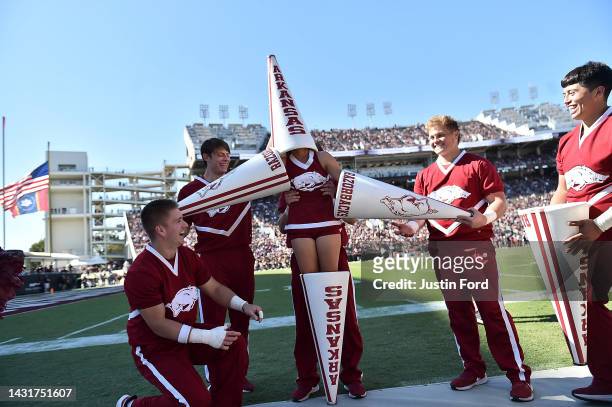 Arkansas Razorbacks cheerleaders perform during the second half against the Mississippi State Bulldogs at Davis Wade Stadium on October 08, 2022 in...